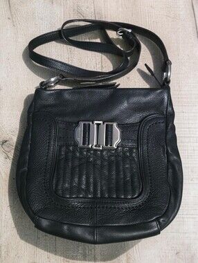 B. Makowsky Black Pebbled Leather Crossbody Bag with Silver Hardware